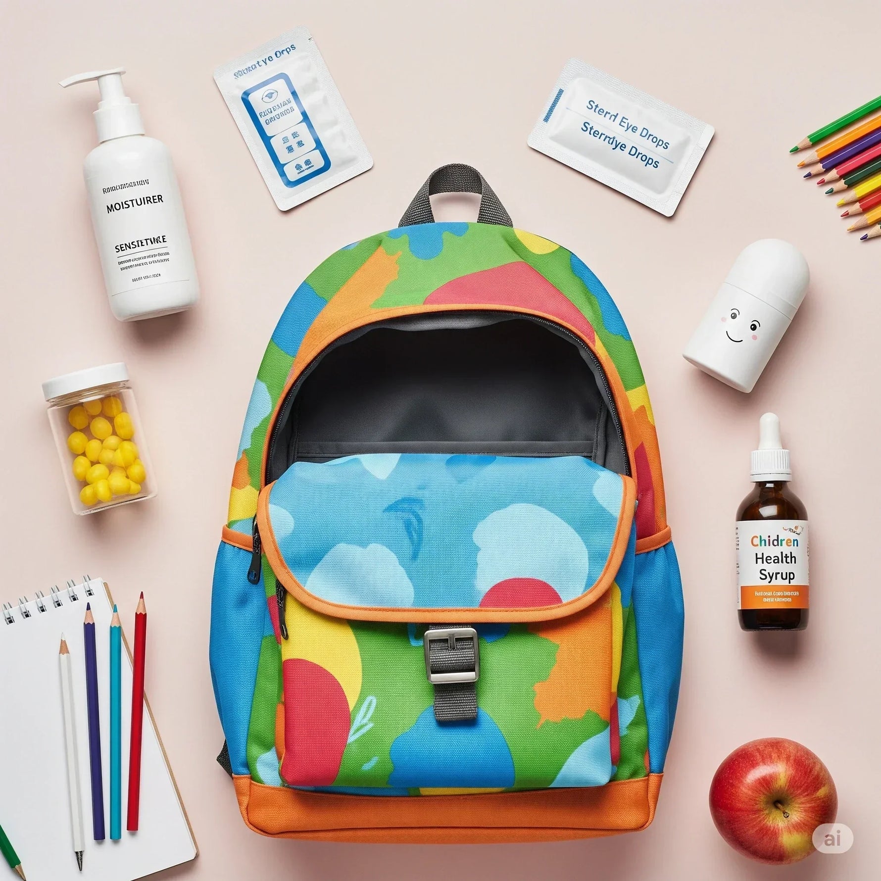 A blue and red backpack filled with school supplies, healthy snacks, and personal care items.