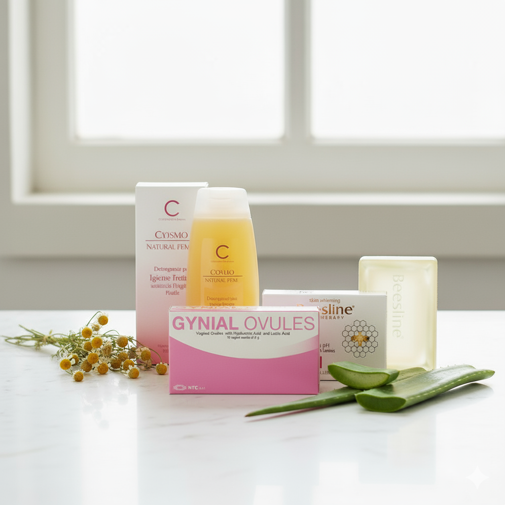 Chamomile, aloe vera, and various feminine care products elegantly arranged on a sunlit marble surface.