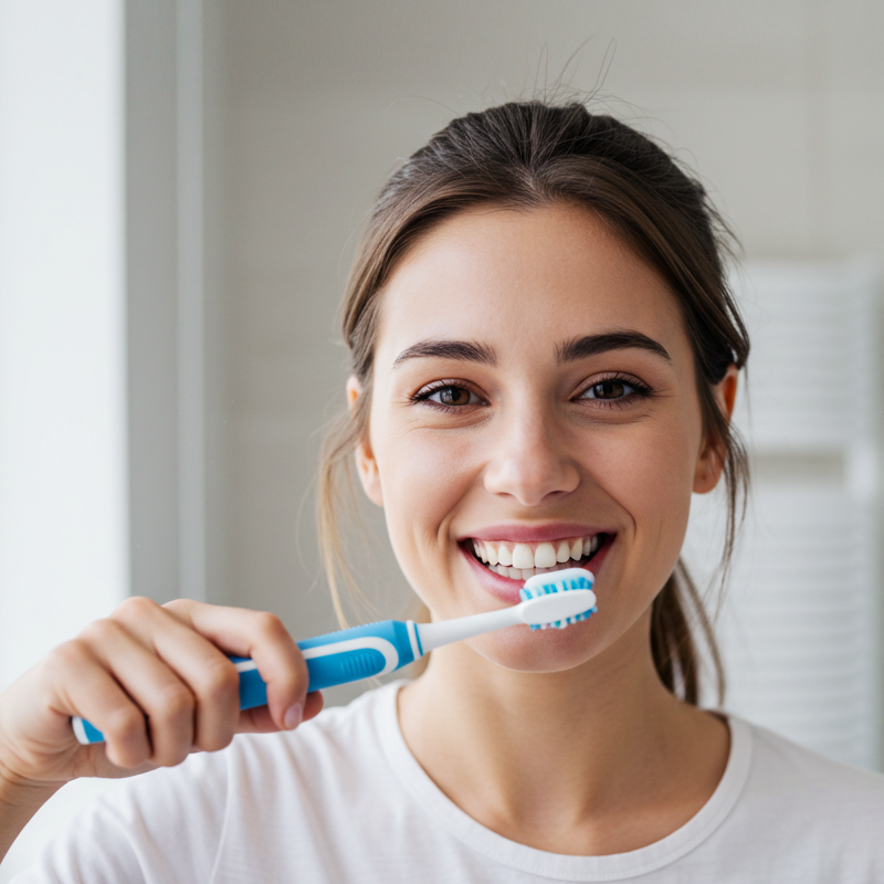 Happy woman in a white shirt brushing her teeth with an electric toothbrush