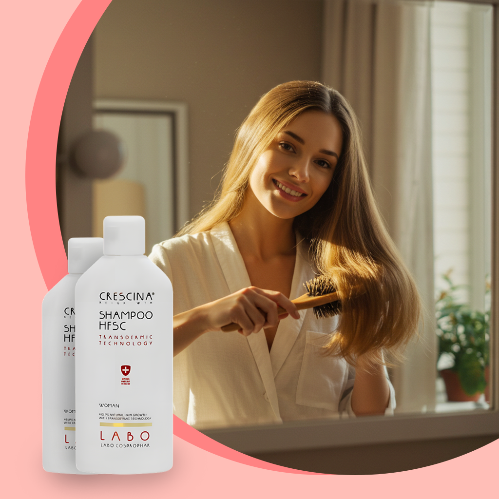 A woman combs her hair after using crescina shampoo.