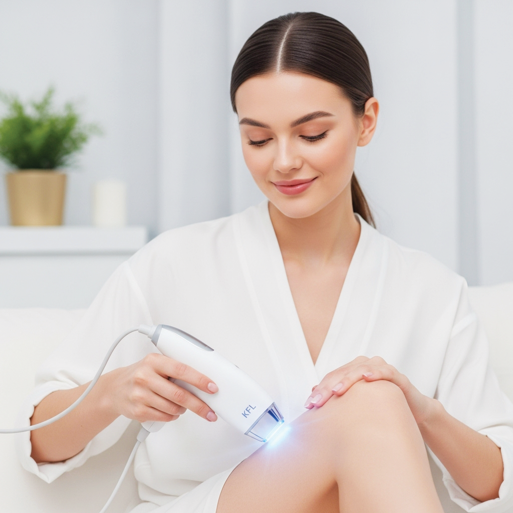 A woman using diode laser hair removal device 