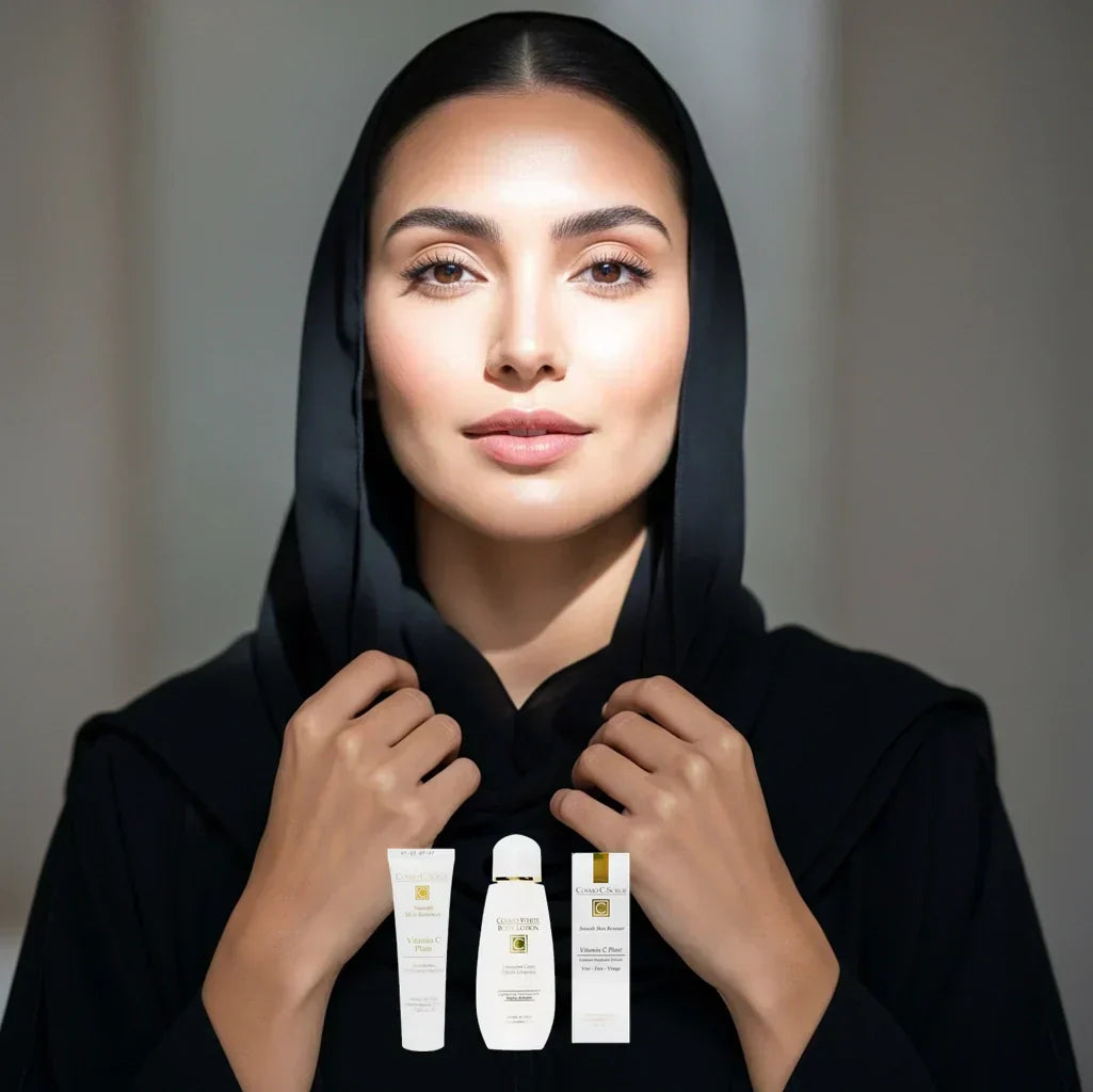 Cosmo White Body Lotion and Vitamin C Scrub — complete body lightening routine for Gulf skin