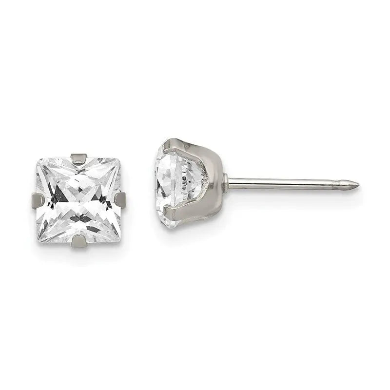 Inverness 355E Stainless Steel Square CZ Earrings 7mm