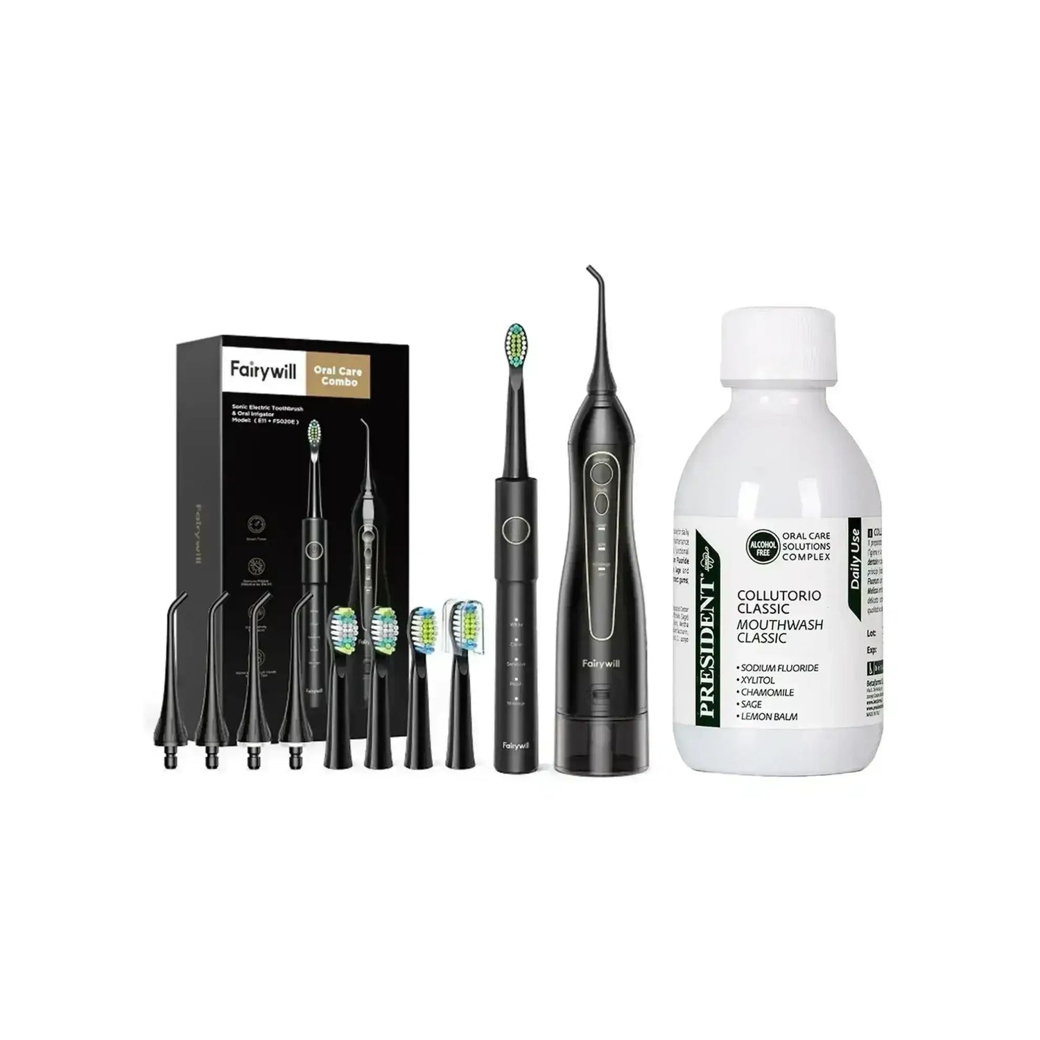 package Fairy Well Waterflosser + President Classic Mouthwash 200 Ml